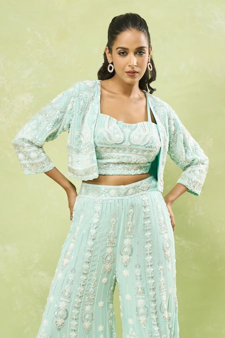 Buy Samyukta Singhania Blue Georgette Sequins, Cut Work, Beads Embroidered Jacket Sharara Set Online at Aza Fashions Buy_Samyukta Singhania_Blue Georgette Sequins, Cut Work, Beads Embroidered Jacket Sharara Set _Online_at_Aza_Fashions