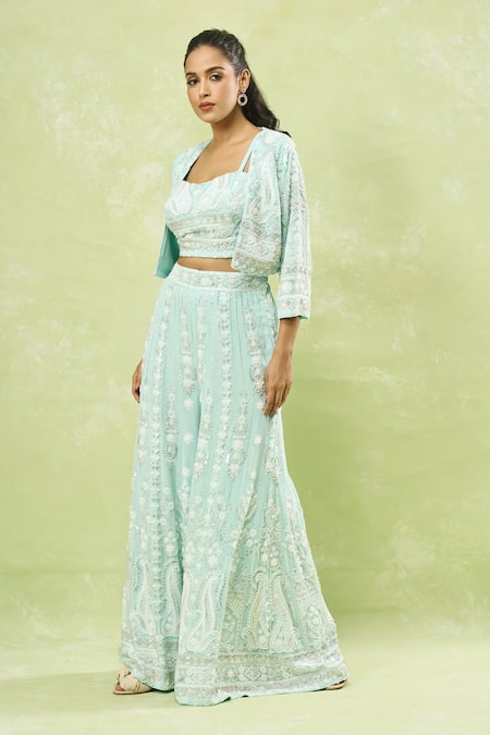 Shop Samyukta Singhania Blue Georgette Sequins, Cut Work, Beads Embroidered Jacket Sharara Set Online at Aza Fashions Shop_Samyukta Singhania_Blue Georgette Sequins, Cut Work, Beads Embroidered Jacket Sharara Set _Online_at_Aza_Fashions