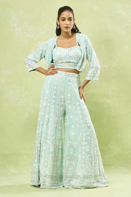 Samyukta Singhania Blue Georgette Sequins, Cut Work, Beads Embroidered Jacket Sharara Set at Aza Fashions Samyukta Singhania_Blue Georgette Sequins, Cut Work, Beads Embroidered Jacket Sharara Set _at_Aza_Fashions