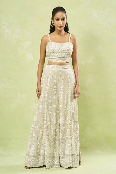 Samyukta Singhania_Gray Georgette Cut Work, Sequins, Beads, Embroidery Cutdana Jacket Sharara Set_Online_at_Aza_Fashions