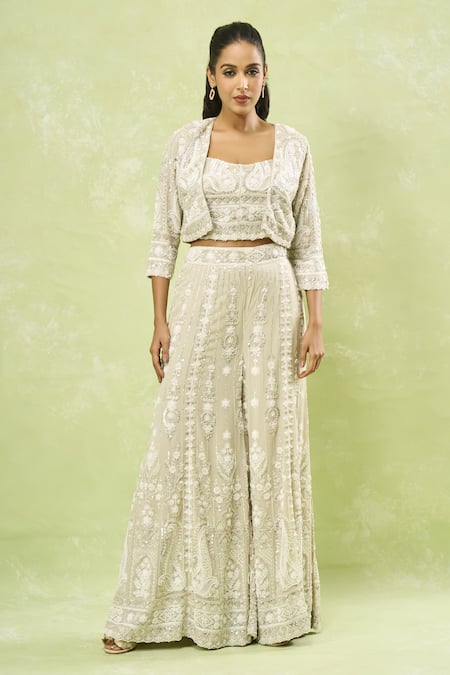 Shop_Samyukta Singhania_Gray Georgette Cut Work, Sequins, Beads, Embroidery Cutdana Jacket Sharara Set_Online_at_Aza_Fashions