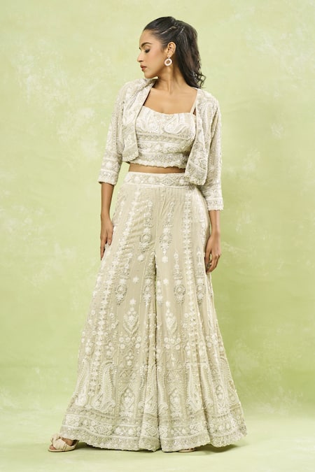 Samyukta Singhania_Gray Georgette Cut Work, Sequins, Beads, Embroidery Cutdana Jacket Sharara Set_at_Aza_Fashions