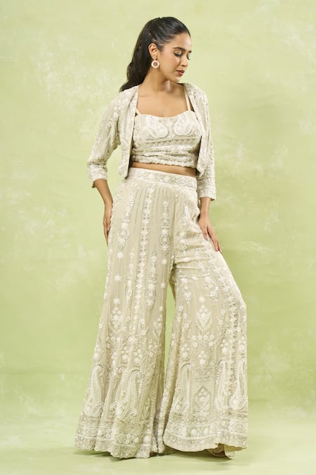 Buy_Samyukta Singhania_Gray Georgette Cut Work, Sequins, Beads, Embroidery Cutdana Jacket Sharara Set