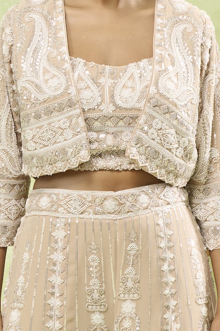 Samyukta Singhania_Beige Georgette Sequins, Cut Work, Beads Paisley Embroidered Jacket Sharara Set_Online_at_Aza_Fashions