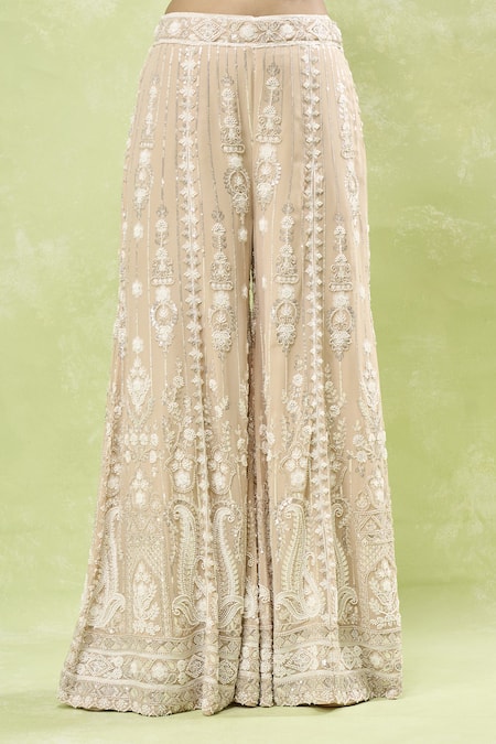 Buy_Samyukta Singhania_Beige Georgette Sequins, Cut Work, Beads Paisley Embroidered Jacket Sharara Set_Online_at_Aza_Fashions