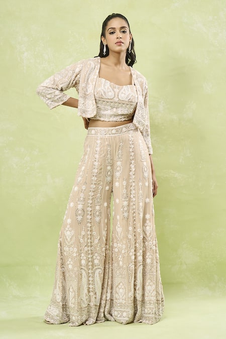 Shop_Samyukta Singhania_Beige Georgette Sequins, Cut Work, Beads Paisley Embroidered Jacket Sharara Set_Online_at_Aza_Fashions