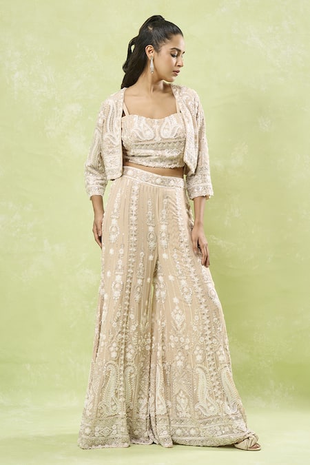 Samyukta Singhania_Beige Georgette Sequins, Cut Work, Beads Paisley Embroidered Jacket Sharara Set_at_Aza_Fashions