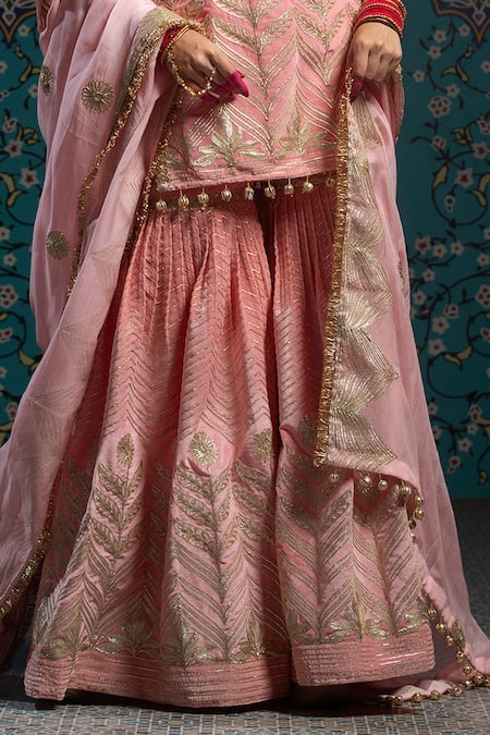 Monk & Mei By Sonia Anand_Pink Organza, Velvet Tassels Round Neck Gota Embroidered Kurta Sharara Set _Online_at_Aza_Fashions