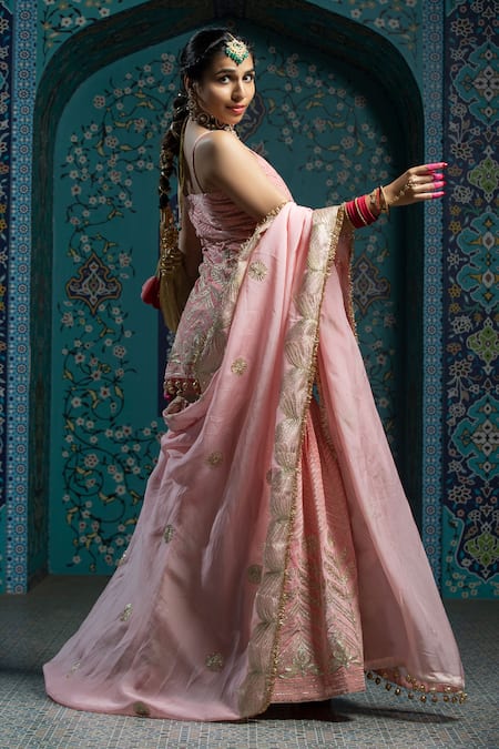 Buy_Monk & Mei By Sonia Anand_Pink Organza, Velvet Tassels Round Neck Gota Embroidered Kurta Sharara Set _Online_at_Aza_Fashions