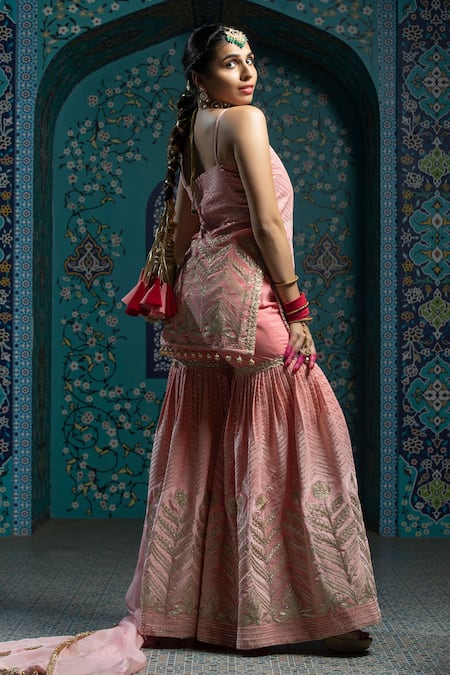 Shop_Monk & Mei By Sonia Anand_Pink Organza, Velvet Tassels Round Neck Gota Embroidered Kurta Sharara Set _Online_at_Aza_Fashions