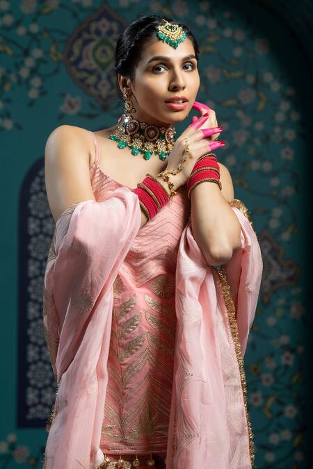 Monk & Mei By Sonia Anand_Pink Organza, Velvet Tassels Round Neck Gota Embroidered Kurta Sharara Set _at_Aza_Fashions