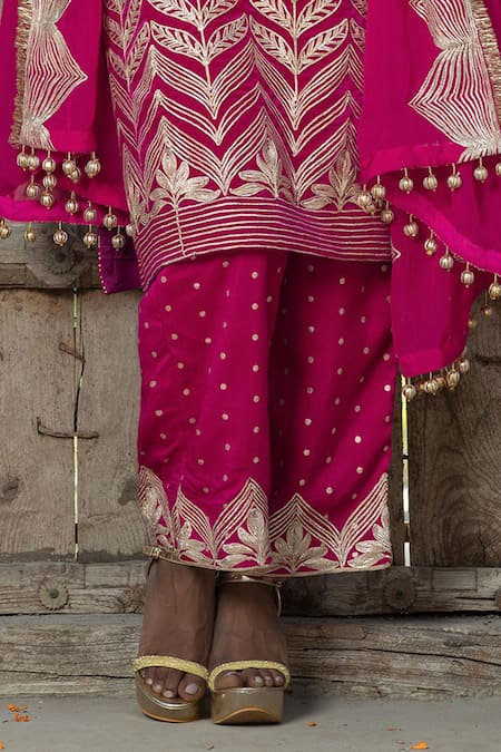 Shop_Monk & Mei By Sonia Anand_Fuchsia Organza, Velvet, Silk Gota Patti, Tassels Embroidered Kurta Pant Set _Online_at_Aza_Fashions