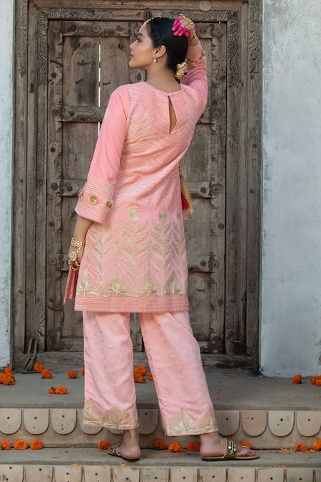 Monk & Mei By Sonia Anand_Pink Organza, Velvet, Silk Gota Patti, Tassels Floral Embroidered Kurta Set _Online_at_Aza_Fashions