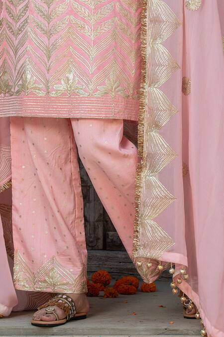 Buy_Monk & Mei By Sonia Anand_Pink Organza, Velvet, Silk Gota Patti, Tassels Floral Embroidered Kurta Set _Online_at_Aza_Fashions