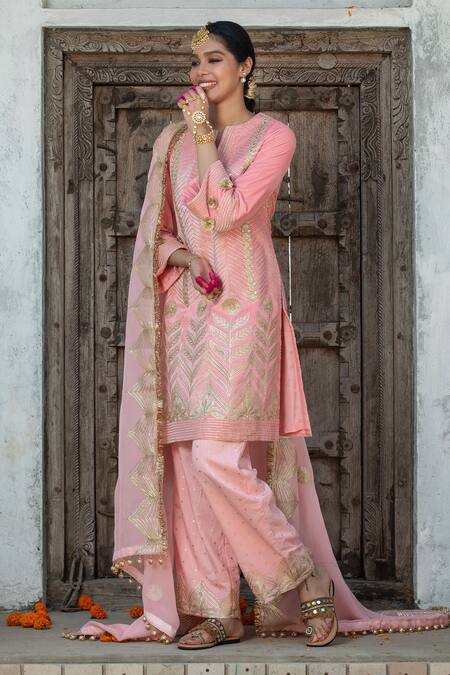 Shop_Monk & Mei By Sonia Anand_Pink Organza, Velvet, Silk Gota Patti, Tassels Floral Embroidered Kurta Set _Online_at_Aza_Fashions