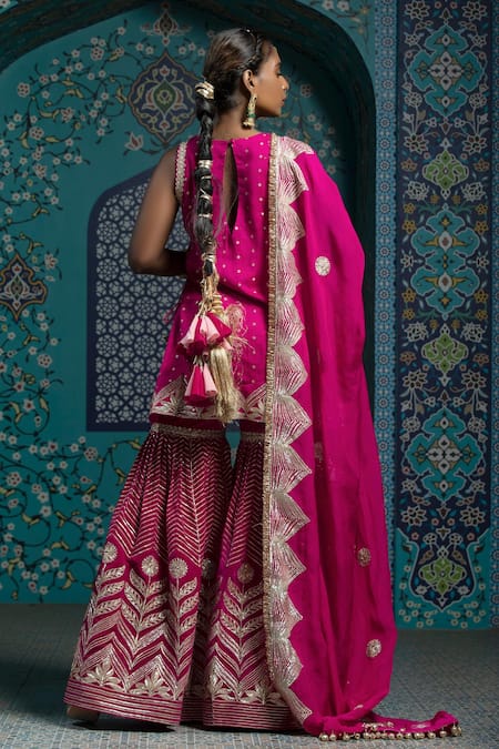 Monk & Mei By Sonia Anand Fuchsia Gota Embroidered Kurta Sharara Set 