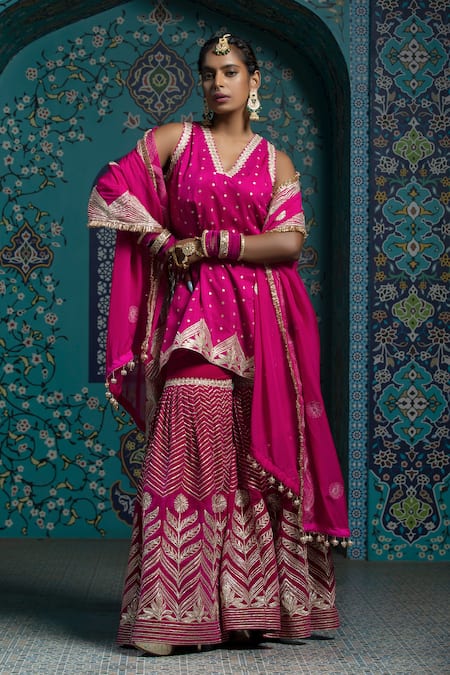 Monk & Mei By Sonia Anand_Fuchsia Organza, Velvet, Silk Gota Patti, Tassels Embroidered Kurta Sharara Set _Online_at_Aza_Fashions