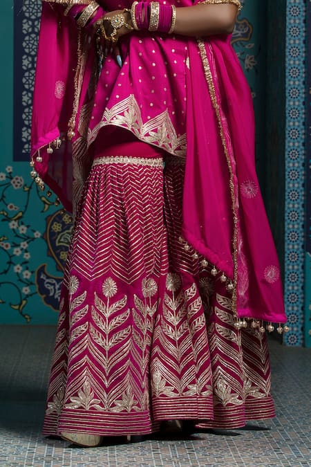 Buy_Monk & Mei By Sonia Anand_Fuchsia Organza, Velvet, Silk Gota Patti, Tassels Embroidered Kurta Sharara Set _Online_at_Aza_Fashions