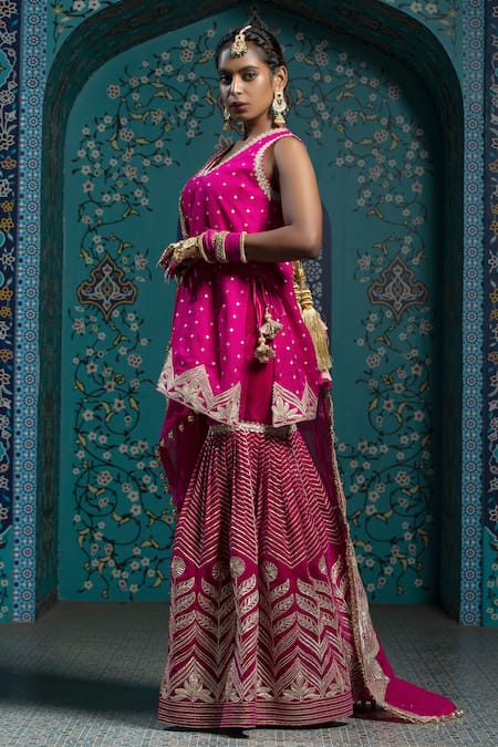 Shop_Monk & Mei By Sonia Anand_Fuchsia Organza, Velvet, Silk Gota Patti, Tassels Embroidered Kurta Sharara Set _Online_at_Aza_Fashions