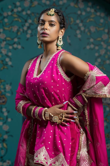Monk & Mei By Sonia Anand_Fuchsia Organza, Velvet, Silk Gota Patti, Tassels Embroidered Kurta Sharara Set _at_Aza_Fashions