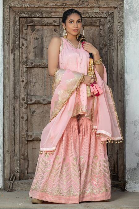 Buy_Monk & Mei By Sonia Anand_Pink Organza, Velvet, Silk Tassels, Gota Embroidered Tie-up Kurta Sharara Set _Online_at_Aza_Fashions