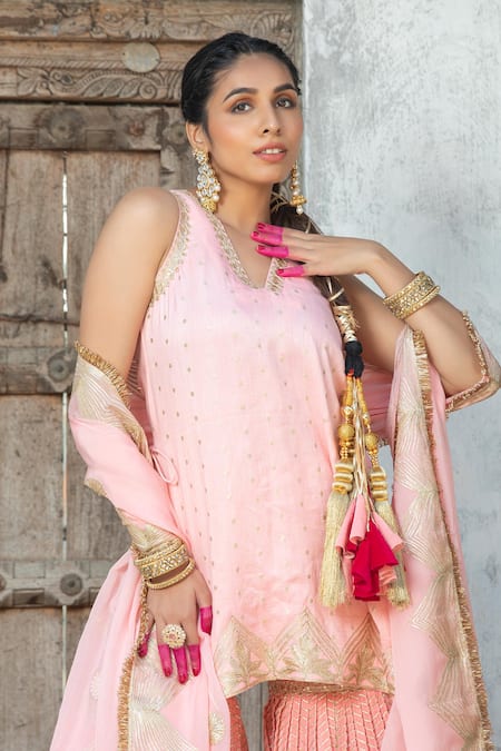 Shop_Monk & Mei By Sonia Anand_Pink Organza, Velvet, Silk Tassels, Gota Embroidered Tie-up Kurta Sharara Set _Online_at_Aza_Fashions