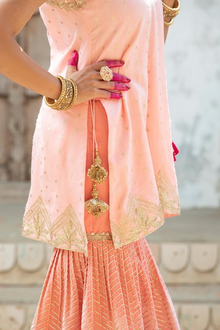 Monk & Mei By Sonia Anand_Pink Organza, Velvet, Silk Tassels, Gota Embroidered Tie-up Kurta Sharara Set _at_Aza_Fashions