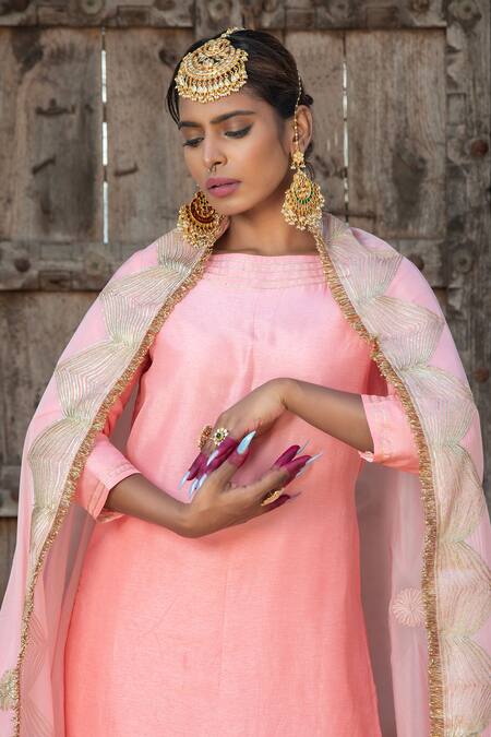 Shop Monk & Mei By Sonia Anand Pink Silk, Organza Tassels, Gota Patti Boat Neck Embroidered Salmon Kurta Set Online at Aza Fashions Shop_Monk & Mei By Sonia Anand_Pink Silk, Organza Tassels, Gota Patti Boat Neck Embroidered Salmon Kurta Set _Online_at_Aza_Fashions