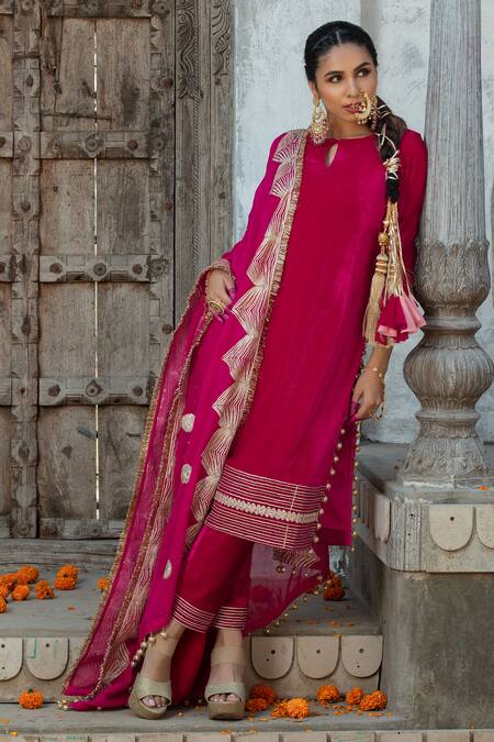 Buy Monk & Mei By Sonia Anand Fuchsia Organza, Velvet Gota Patti, Tassels Keyhole Embroidered Kurta Pant Set Online at Aza Fashions Buy_Monk & Mei By Sonia Anand_Fuchsia Organza, Velvet Gota Patti, Tassels Keyhole Embroidered Kurta Pant Set _Online_at_Aza_Fashions
