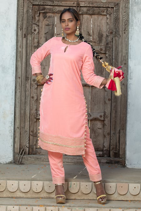 Buy Monk & Mei By Sonia Anand Pink Organza, Velvet Gota Patti, Tassels Embroidered Work Kurta Pant Set Online at Aza Fashions Buy_Monk & Mei By Sonia Anand_Pink Organza, Velvet Gota Patti, Tassels Embroidered Work Kurta Pant Set _Online_at_Aza_Fashions