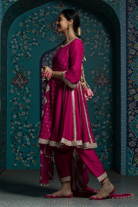 Shop_Monk & Mei By Sonia Anand_Fuchsia Organza, Velvet, Silk Gota Patti, Tassels Work Embroidered Kurta Set _Online_at_Aza_Fashions