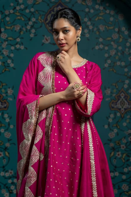Monk & Mei By Sonia Anand_Fuchsia Organza, Velvet, Silk Gota Patti, Tassels Work Embroidered Kurta Set _at_Aza_Fashions