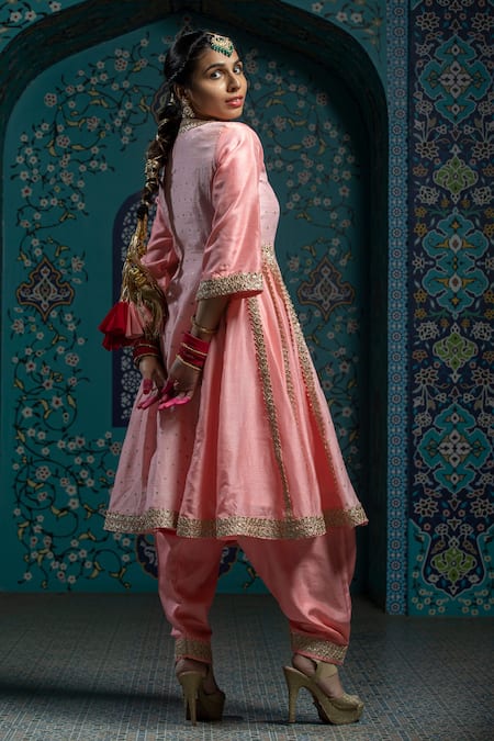 Monk & Mei By Sonia Anand Pink Organza, Velvet, Silk Gota Patti, Tassels Embroidered Salmon Kurta Set Online at Aza Fashions Monk & Mei By Sonia Anand_Pink Organza, Velvet, Silk Gota Patti, Tassels Embroidered Salmon Kurta Set _Online_at_Aza_Fashions