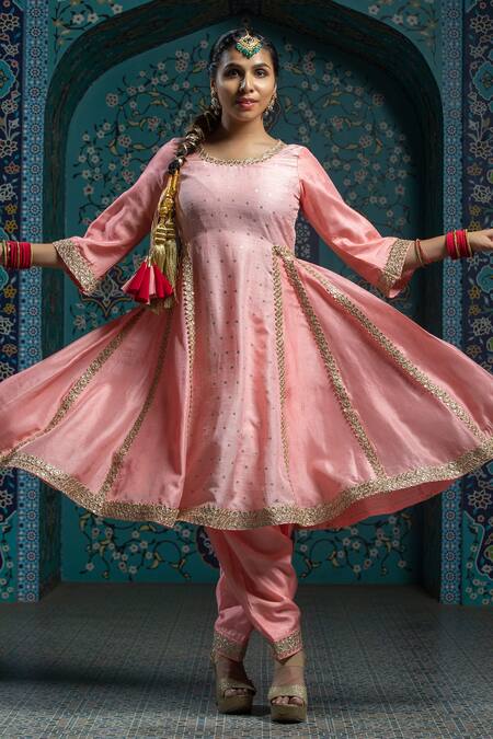 Buy Monk & Mei By Sonia Anand Pink Organza, Velvet, Silk Gota Patti, Tassels Embroidered Salmon Kurta Set Online at Aza Fashions Buy_Monk & Mei By Sonia Anand_Pink Organza, Velvet, Silk Gota Patti, Tassels Embroidered Salmon Kurta Set _Online_at_Aza_Fashions