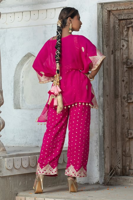 Monk & Mei By Sonia Anand Gota Floral Embroidered Kaftan Cape Pant Set 
