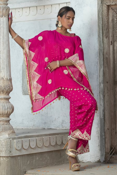 Buy_Monk & Mei By Sonia Anand_Fuchsia Silk, Organza Tassels, Embroidery Gota Floral Kaftan Cape Pant Set _Online_at_Aza_Fashions