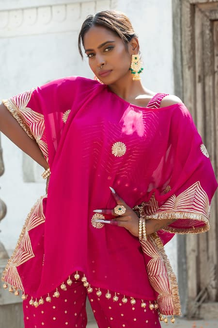Monk & Mei By Sonia Anand_Fuchsia Silk, Organza Tassels, Embroidery Gota Floral Kaftan Cape Pant Set _at_Aza_Fashions