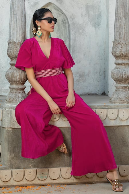 MONK & MEI BY SONIA ANAND Velvet Jumpsuit With Embroidered Gota Belt 