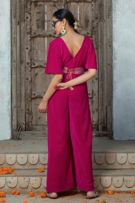 Monk & Mei By Sonia Anand Fuchsia Velvet Jumpsuit With Gota Belt 