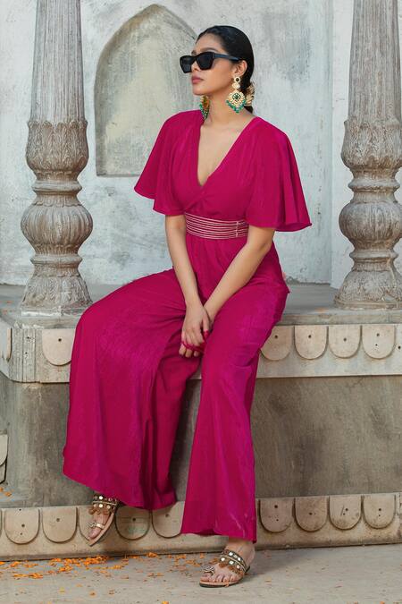 Buy Monk & Mei By Sonia Anand Fuchsia Velvet Gota Patti V-neck Jumpsuit With Belt Online at Aza Fashions Buy_Monk & Mei By Sonia Anand_Fuchsia Velvet Gota Patti V-neck Jumpsuit With Belt _Online_at_Aza_Fashions
