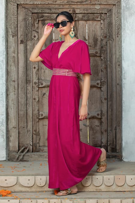 Shop Monk & Mei By Sonia Anand Fuchsia Velvet Gota Patti V-neck Jumpsuit With Belt Online at Aza Fashions Shop_Monk & Mei By Sonia Anand_Fuchsia Velvet Gota Patti V-neck Jumpsuit With Belt _Online_at_Aza_Fashions