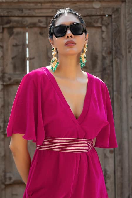 Monk & Mei By Sonia Anand Fuchsia Velvet Gota Patti V-neck Jumpsuit With Belt at Aza Fashions Monk & Mei By Sonia Anand_Fuchsia Velvet Gota Patti V-neck Jumpsuit With Belt _at_Aza_Fashions