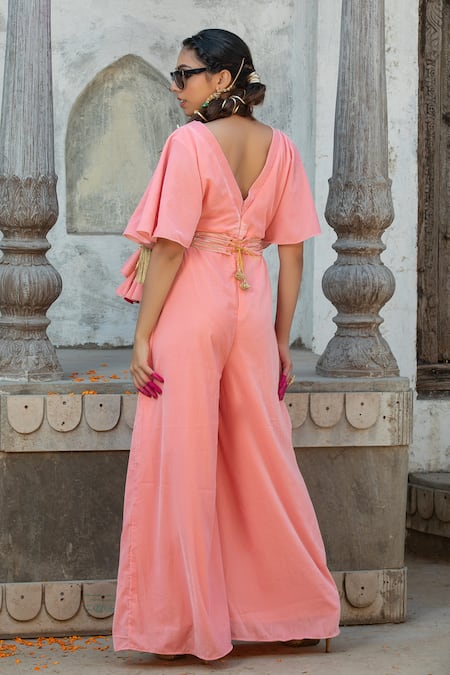 Monk & Mei By Sonia Anand Pink Velvet Jumpsuit With Gota Belt 