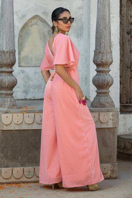 Buy Monk & Mei By Sonia Anand Pink Velvet Gota Patti V-neck Jumpsuit With Belt Online at Aza Fashions Buy_Monk & Mei By Sonia Anand_Pink Velvet Gota Patti V-neck Jumpsuit With Belt _Online_at_Aza_Fashions