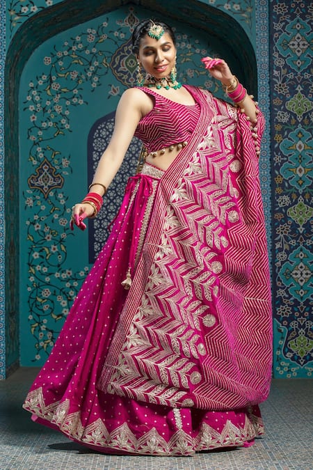Monk & Mei By Sonia Anand_Fuchsia Silk, Velvet Tassels Scoop Neck Gota Work Butti Lehenga Set With Cape _Online_at_Aza_Fashions