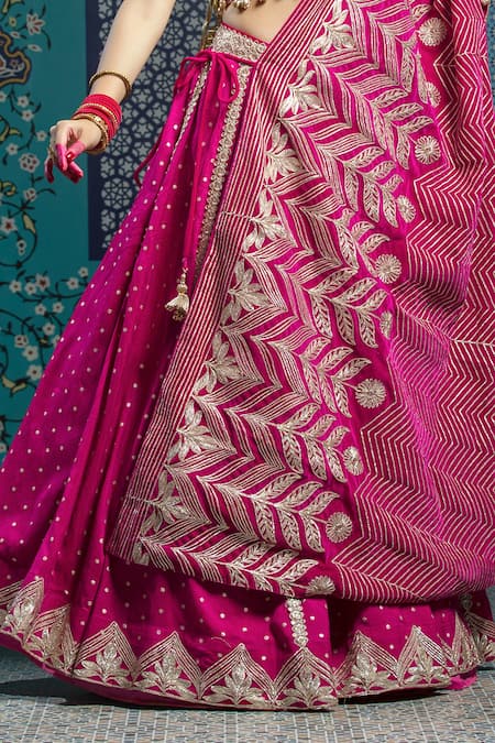 Buy_Monk & Mei By Sonia Anand_Fuchsia Silk, Velvet Tassels Scoop Neck Gota Work Butti Lehenga Set With Cape _Online_at_Aza_Fashions