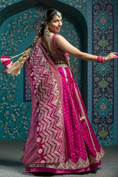 Shop_Monk & Mei By Sonia Anand_Fuchsia Silk, Velvet Tassels Scoop Neck Gota Work Butti Lehenga Set With Cape _Online_at_Aza_Fashions