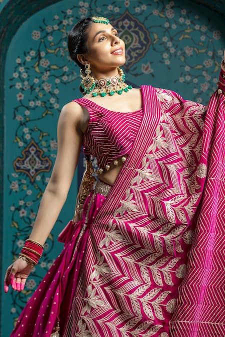Monk & Mei By Sonia Anand_Fuchsia Silk, Velvet Tassels Scoop Neck Gota Work Butti Lehenga Set With Cape _at_Aza_Fashions