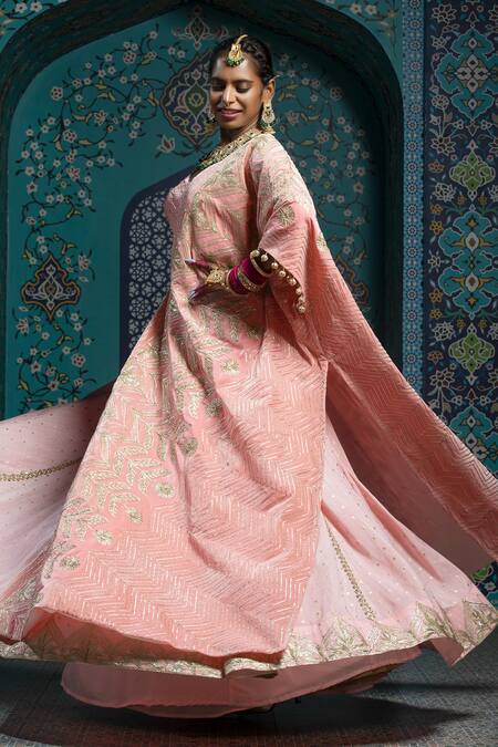 Shop_Monk & Mei By Sonia Anand_Pink Silk, Velvet Tassels, Gota Patti Scoop Butti Work Lehenga Set With Cape _Online_at_Aza_Fashions