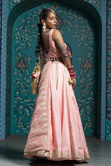 Monk & Mei By Sonia Anand_Pink Silk, Velvet Tassels, Gota Patti Scoop Butti Work Lehenga Set With Cape _at_Aza_Fashions